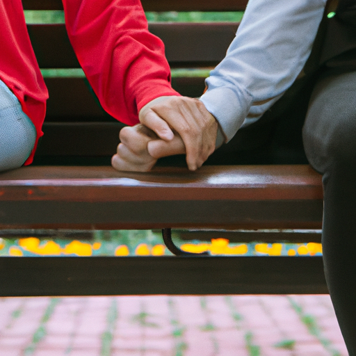 תמונה של זוג מחזיק ידיים בישיבה על ספסל בפארק